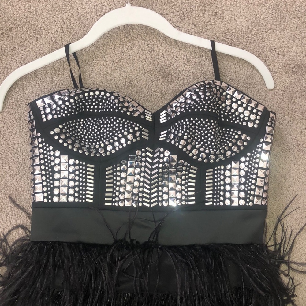 Black feather cocktail dress